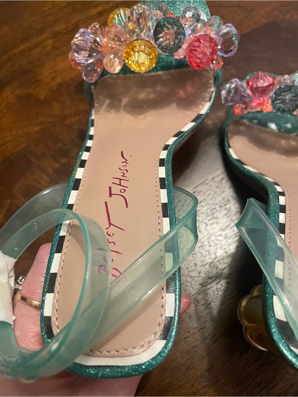 Betsey Johnson Teal “Brodie” clear Ankle-Strap Heels with Crystals, size 6.5 - Picture 8 of 15